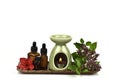 Essential Oil Sweet Basil, Thai Basil and oil burner burned on a white background. Royalty Free Stock Photo