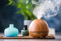 essential oil wooden diffuser with blue vapor mist Royalty Free Stock Photo