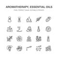 Essential oils aromatherapy vector flat line icons set. Elements - aroma therapy diffuser, oil burner, candles, incense