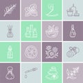 Essential oils aromatherapy vector line icons set. Elements - aroma therapy diffuser, oil burner, candles, incense