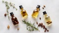Essential oils for beauty flat lay with ingredients on white background