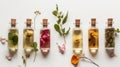 Essential oils for beauty flat lay with ingredients on white background