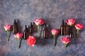 Essential oils in bottles rose flowers. alternative medicine spa aromatherapy