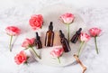 Essential oils in bottles rose flowers. alternative medicine spa aromatherapy