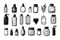Essential oils bottles set vector hand drawn doodle isolated elements for design. Cosmetic flacon