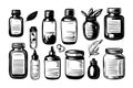 Essential oils bottles set vector hand drawn doodle isolated elements for design. Cosmetic flacon