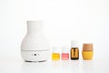 essential oils and ceramic diffuser on white background Royalty Free Stock Photo