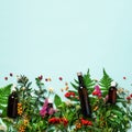 Essential oils in dark glass bottles and healing flowers, herbs on blue background. Holistic medicine approach. Healthy food Royalty Free Stock Photo