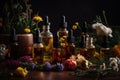 essential oils and medical flowers herbs - Generative AI Royalty Free Stock Photo