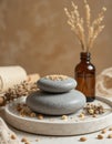 Essential Oils with Stones on Wooden Tray Royalty Free Stock Photo