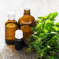 Essential oregano oil for aromatherapy in a dark glass containers on wooden background with fresh oregano. Selective