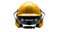 Yellow hard hat with safety glasses and ear muffs for construction site protection isolated on white background Royalty Free Stock Photo