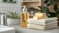 Essential spa bathroom items toiletries, soap, and towel on soft white background