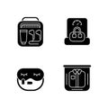 Essential things for travelling black glyph icons set on white space