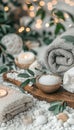 Essential toiletries and a soft towel arranged on a tranquil spa bathroom background