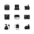 Essential tourist pack for travel black glyph icons set on white space