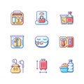 Essential tourist pack for travel RGB color icons set Royalty Free Stock Photo