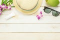 Essential travel summer items.The sunblock moisturizing Royalty Free Stock Photo