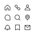 Essential UI icons. Home, call, user, chat, search, location, bell, bookmark and mail icon.