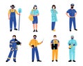 Essential workers. Frontier professions people, main areas specialists, different jobs men and women in medical masks