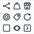 essentials ui line icons. linear set. quality vector line set such as right chevron, visible, stop button, reset, price tag,