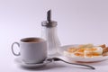 Esspresso coffee and soft boiled egg halves on the white plate and bread slices Royalty Free Stock Photo