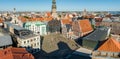 Establishing aerial Bird eye view shot of Riga, Riga skyline, Latvia.