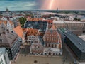 Establishing aerial Bird eye view shot of Riga, Riga skyline, Latvia.