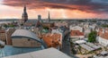 Establishing aerial Bird eye view shot of Riga, Riga skyline, Latvia.