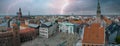 Establishing aerial Bird eye view shot of Riga, Riga skyline, Latvia.