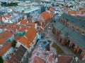 Establishing aerial Bird eye view shot of Riga, Riga skyline, Latvia.