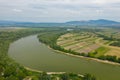 Establishing aerial view of Danube river in summer