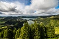 Establishing shot of the Lagoa das Sete Cidades lake taken from Vista do Rei in the island of Sao Miguel, The Azores, Portugal. Th Royalty Free Stock Photo