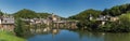 panorama view of the picturesque French village of Estaing on the Lot River in south central France Royalty Free Stock Photo