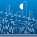 City architecture and infrastructure illustration, automotive overpass, big bridge, urban scene. Night town. White lines on blue b