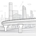 Black outlines Infrastructure town illustration. ar overpass. Modern city at white background, tower and skyscrapers, business bui Royalty Free Stock Photo