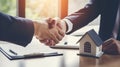 Estate agent shaking hands with buyer after signing the contract. home loan and insurance concept. generative AI Royalty Free Stock Photo