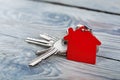 Estate concept, Key ring and keys on wooden background Royalty Free Stock Photo