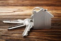 Estate concept, Key ring and keys on wooden background Royalty Free Stock Photo
