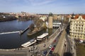 Estaurant boat anchored in front of Manes exhibition hall with Hradcany Castle in background on March 3, 2017 in Prague, Czech rep Royalty Free Stock Photo