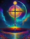 Social media happy easter for Christianity in Portuguese crucifix Colourful electric lightning Vector style Royalty Free Stock Photo