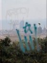 Independence flag painting over barcelona panoramisc view vertical