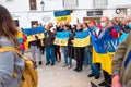 Estepona, Andalusia, Spain - March. 05, 2022. Protestors rally in support of Ukraine against russian agression. Anti-war