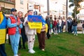 Estepona, Andalusia, Spain - March. 05, 2022. Protestors rally in support of Ukraine against russian agression. Anti-war