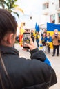 Estepona, Andalusia, Spain - March. 05, 2022. Protestors rally in support of Ukraine against russian agression. Anti-war