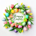 Ester eggs and flowers in circle shape on pastel colorful background greetings card concept Royalty Free Stock Photo