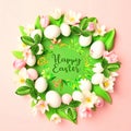 Ester eggs and flowers in circle shape on pastel colorful background greetings card concept Royalty Free Stock Photo