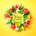 Ester eggs and flowers in circle shape on pastel colorful background greetings card concept Royalty Free Stock Photo