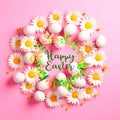 Ester eggs and flowers in circle shape on pastel colorful background greetings card concept Royalty Free Stock Photo