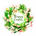 Ester eggs and flowers in circle shape on pastel colorful background greetings card concept Royalty Free Stock Photo